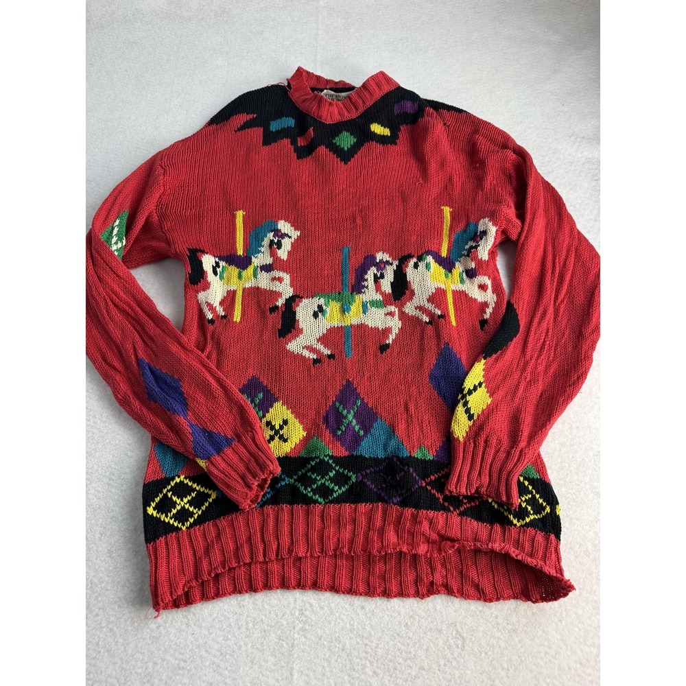 Vintage‎ The Import Workshop Sweater Womens Large Red Carousel Horse Mock Neck